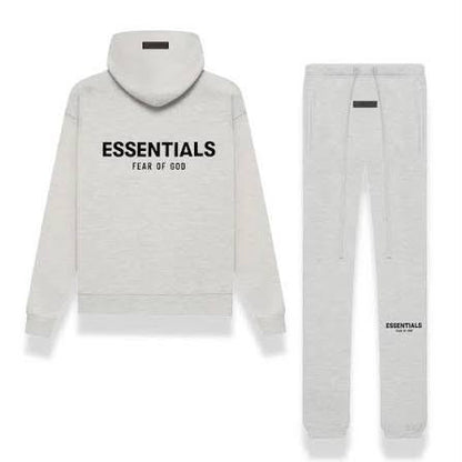 Fear of God Essentials light grey hoodie and joggers set