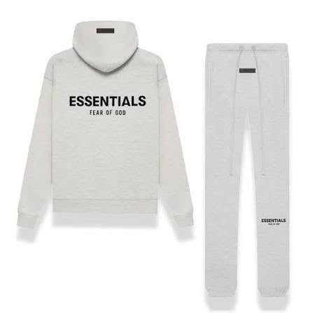 Fear of God Essentials light grey hoodie and joggers set