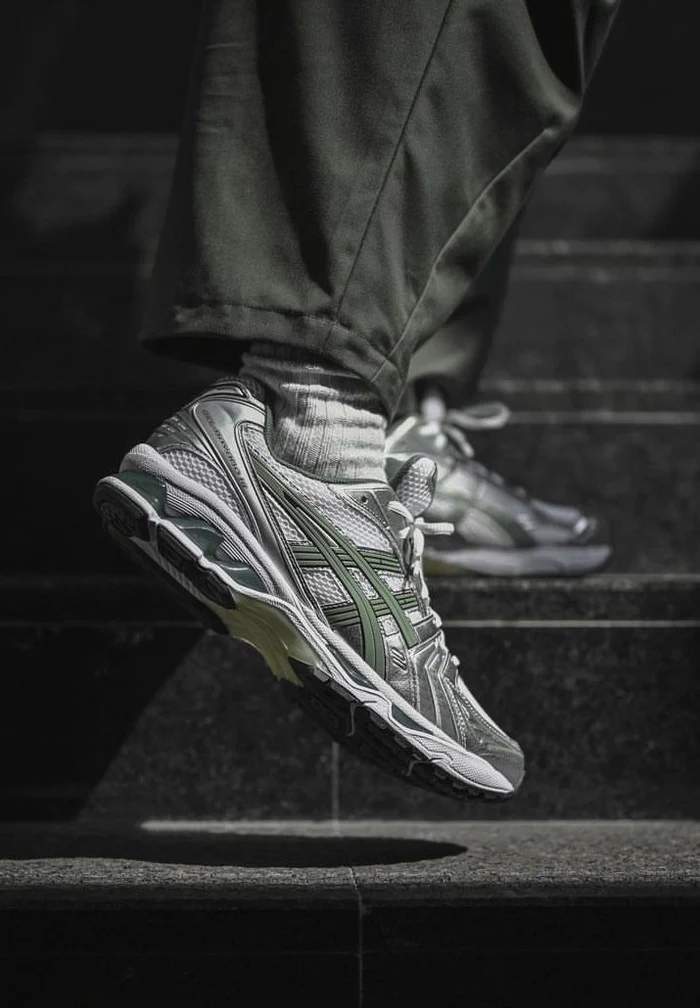 ASICS Gel-Kayano 14 White Pure Silver Slate Grey Sage on foot