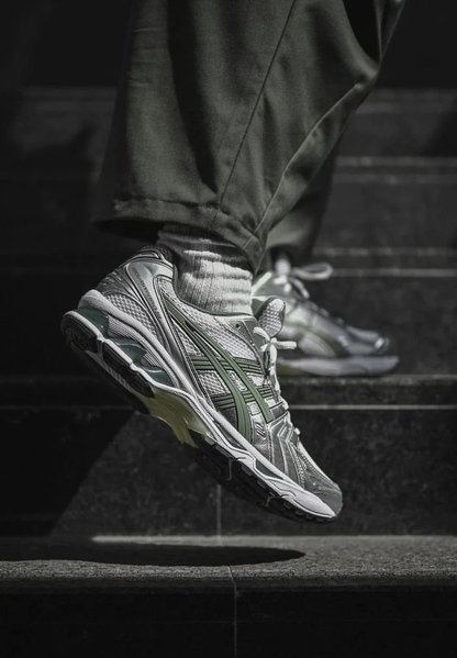 ASICS Gel-Kayano 14 White Pure Silver Slate Grey Sage on foot