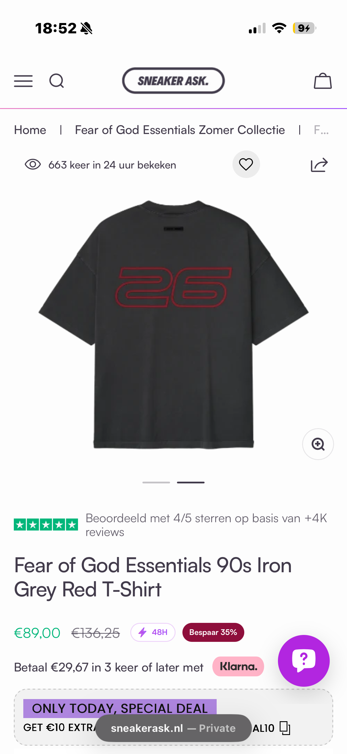 Fear of God Essentials 90s Iron Grey Red T-Shirt back