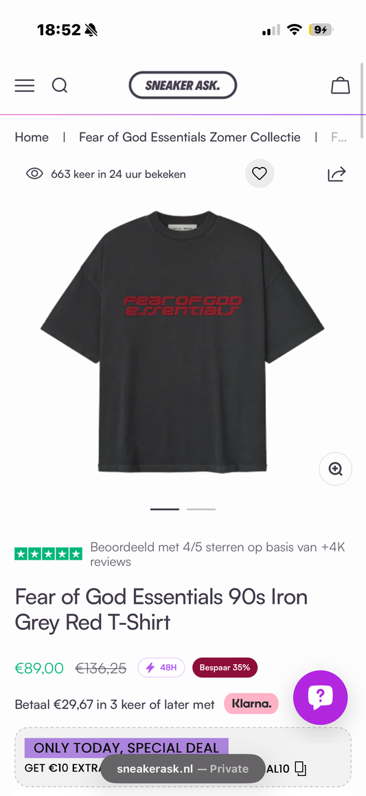 Fear of God Essentials 90s Iron Grey Red T-Shirt front