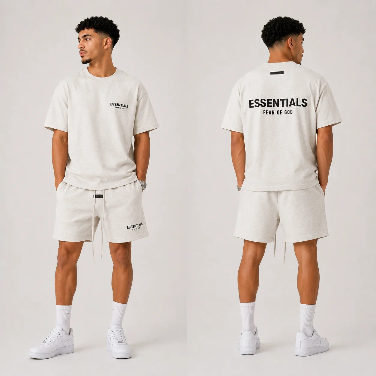 Fear of God Essentials Light Oatmeal Zomer Set on model
