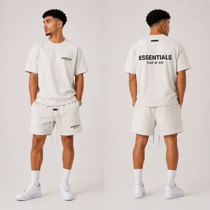 Fear of God Essentials Light Oatmeal Zomer Set on model